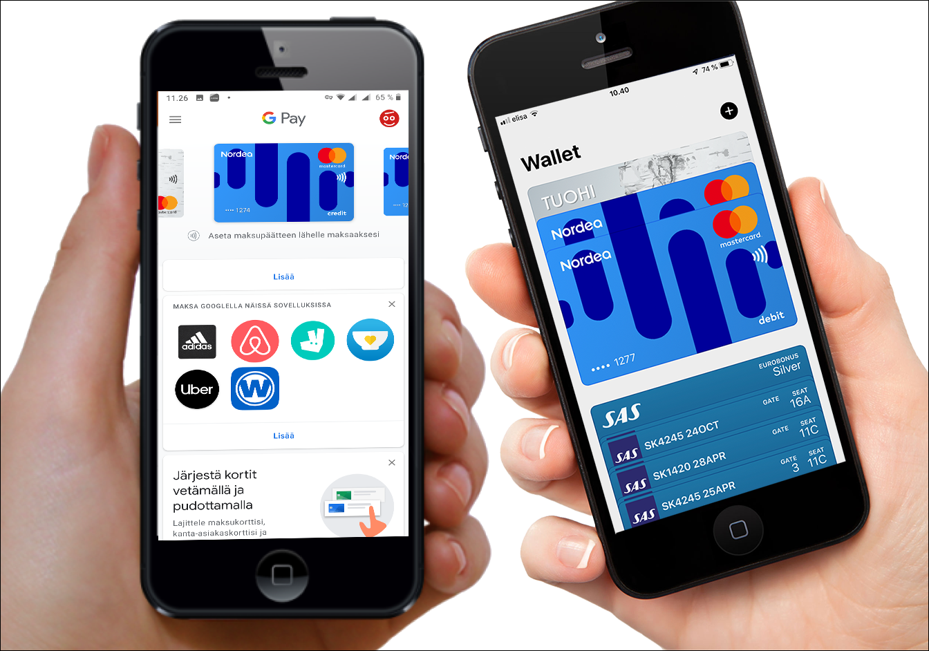 Android-puhelin, jossa Google Pay, ja iPhone, jossa Apple Pay ja Wallet-sovellus.