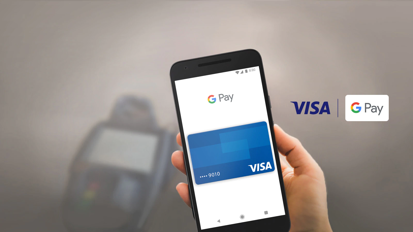 Android-telefon med Google Pay installeret og et VISA-kort tilknyttet.