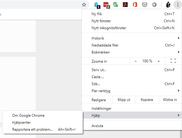 Skärmbild av Google Chrome som visar hur du kommer in i menyn Om Google Chrome.