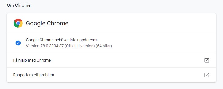 Skärmbild som visar meny Om Google Chrome, och vilken version av webbläsaren som är installerad.