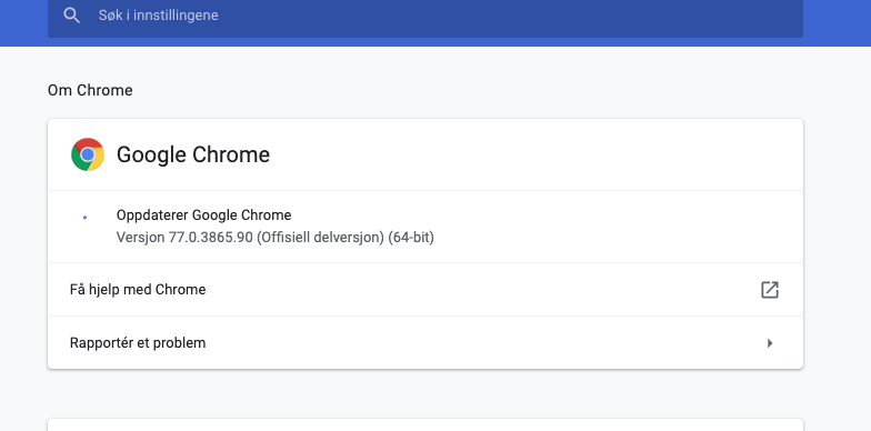 Skjermbilde av menyen Om Google Chrome slik den ser ut i en oppdatert utgave av Google Chrome.