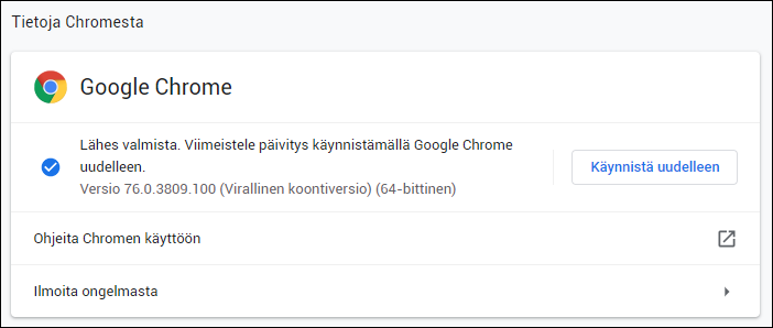 Kuvakaappaus Chromen asetuksista, jossa kerrotaan, mikä versio Chromesta on asennettuna.