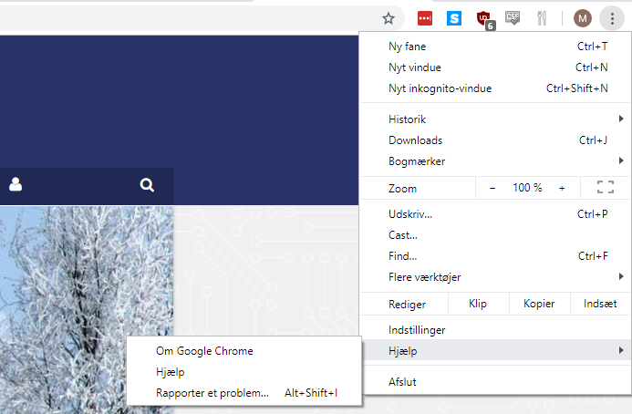 Screenshot af Google Chrome browseren, som viser hvordan du kommer ind i menuen Om Google Chrome.