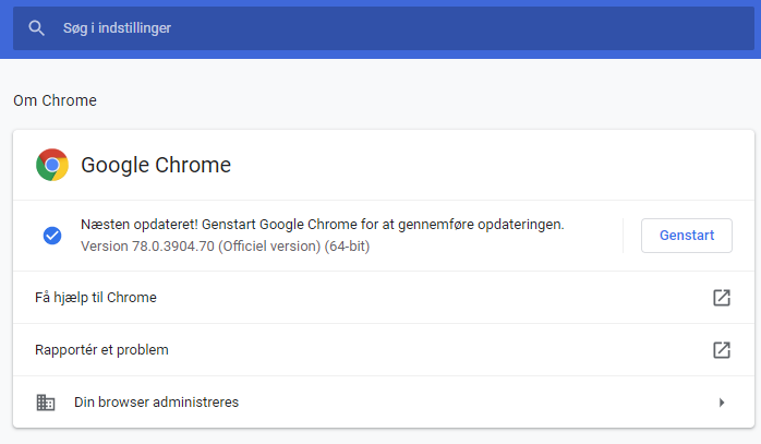 Screenshot, der viser menuen Om Google Chrome, og hvilken version af Google Chrome, du har installeret. Her en ældre version.