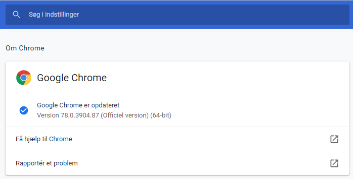 Screenshot af menuen Om Google Chrome, som den ser ud i en opdateret udgave af Google Chrome.