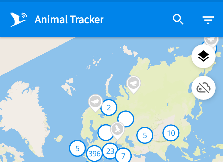 Utsnitt fra appen Animal Tracker på Android, som viser hvor i Europa fuglene befinner seg.