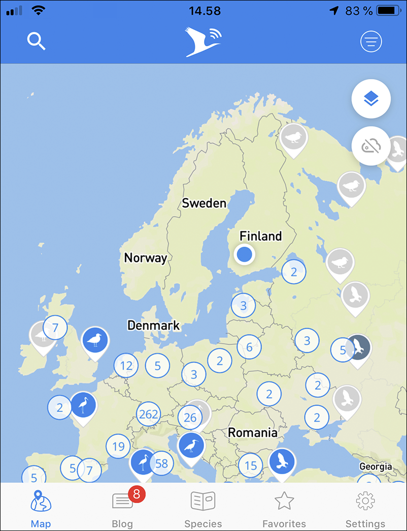 Animal Tracker -sovelluksella voi seurata lintujen muuttoreittejä.