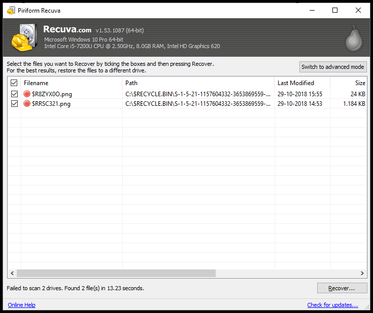 Återskapa raderade filer med Recuva
