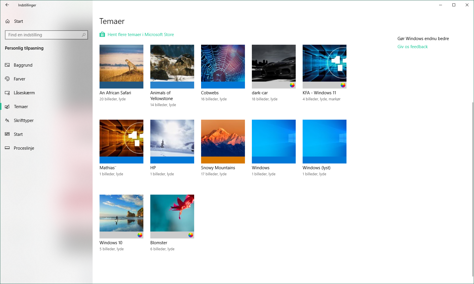 Farger og bakgrunner – ditt eget tema i Windows 10