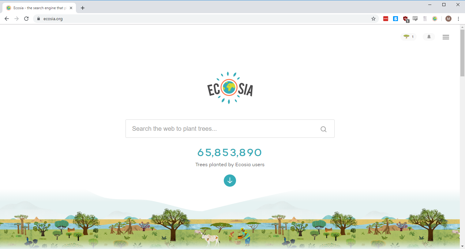Ecosia-hakukoneen aloitussivu