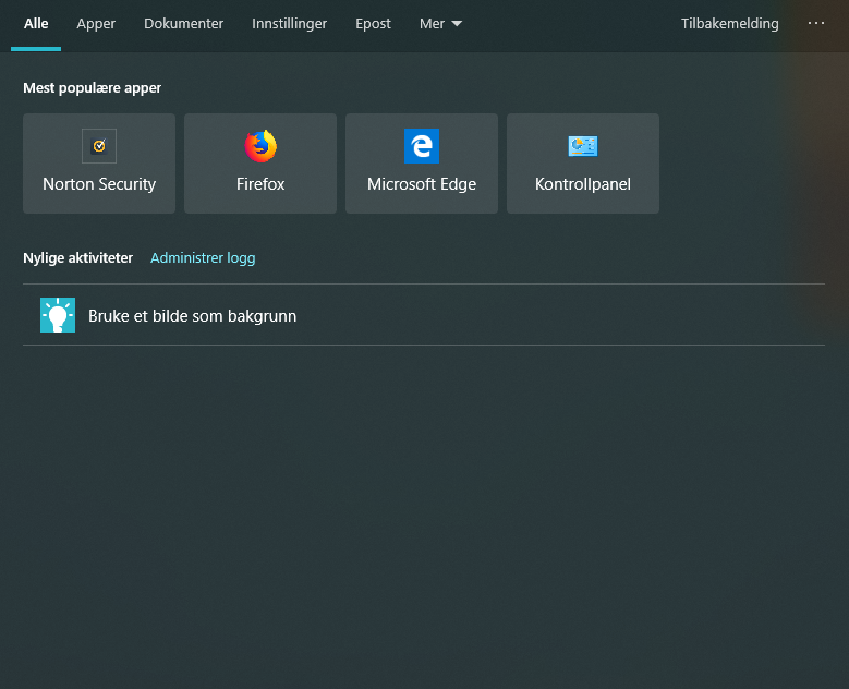 Søkefunksjon Windows 10 1903