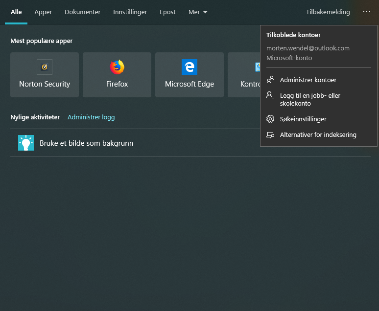 Søkefunksjon Windows 10 1903