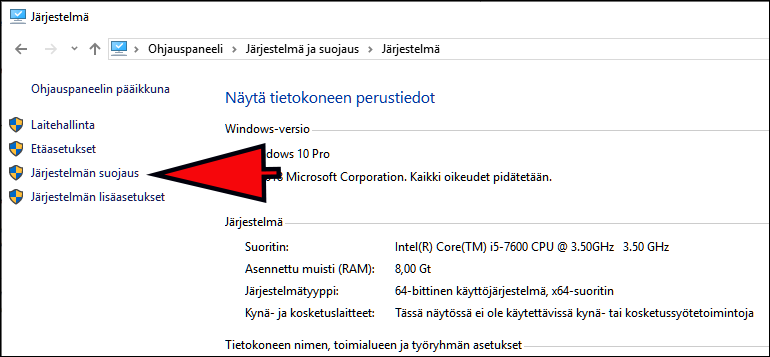 Järjestelmän palautuspiste Windows 10:n 1903-versiossa