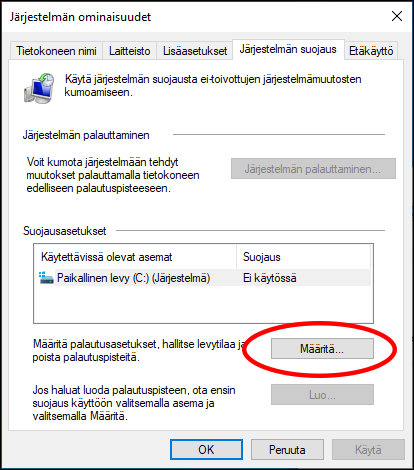 Järjestelmän palautuspiste Windows 10:n 1903-versiossa