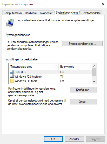 Systemgendannelse i Windows 10 1903
