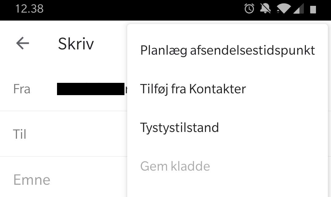 Menupunktet "Planlæg afsendelsestidspunkt" i Gmail-app'en i en Android-telefon.