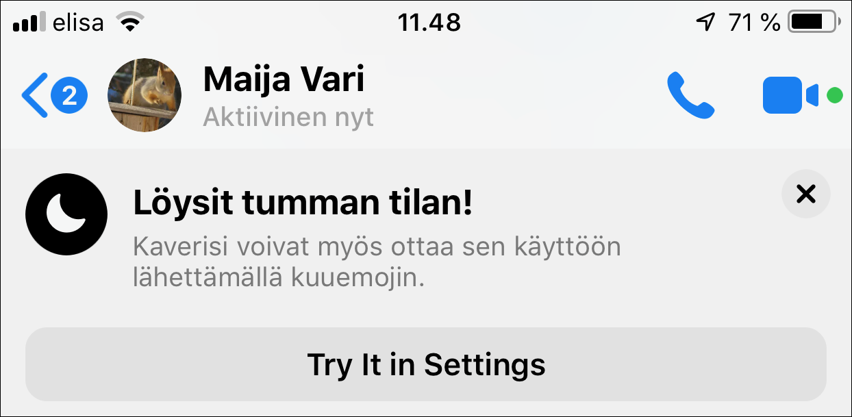 Dark mode eli tumma teema Facebook Messengerissä