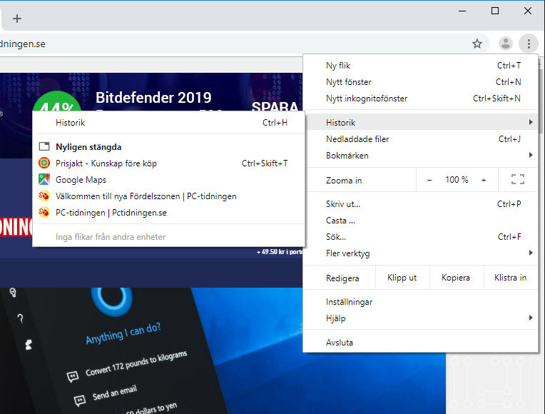 Historik stängda flikar Google Chrome