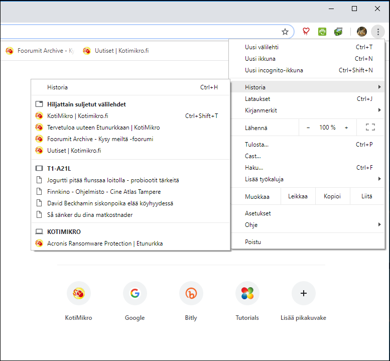Chrome-historia: hiljattain suljetut välilehdet