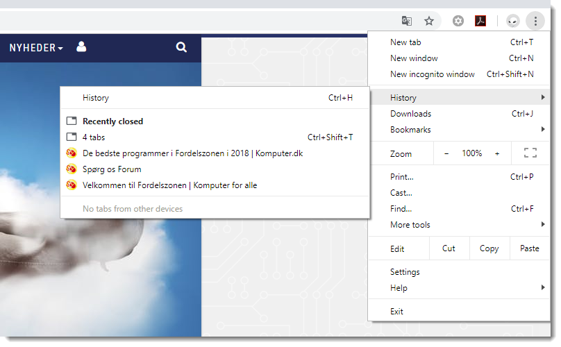 History lukkede faneblade Chrome