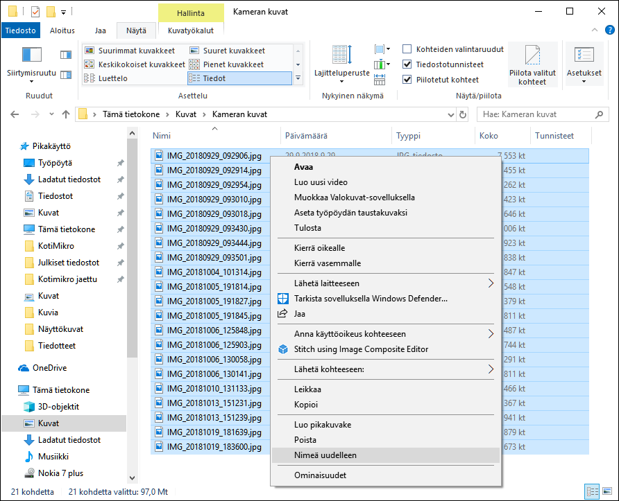 Nimeä usea tiedosto kerralla Resurssienhallinnassa