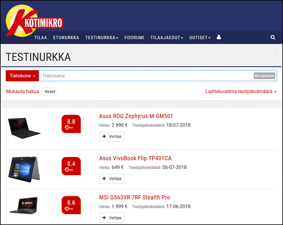 Testit ja arviot Testinurkassa