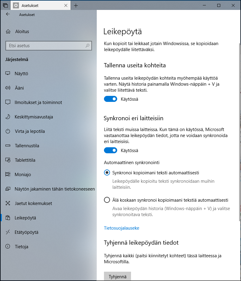 Windows 10:n leikepöytä