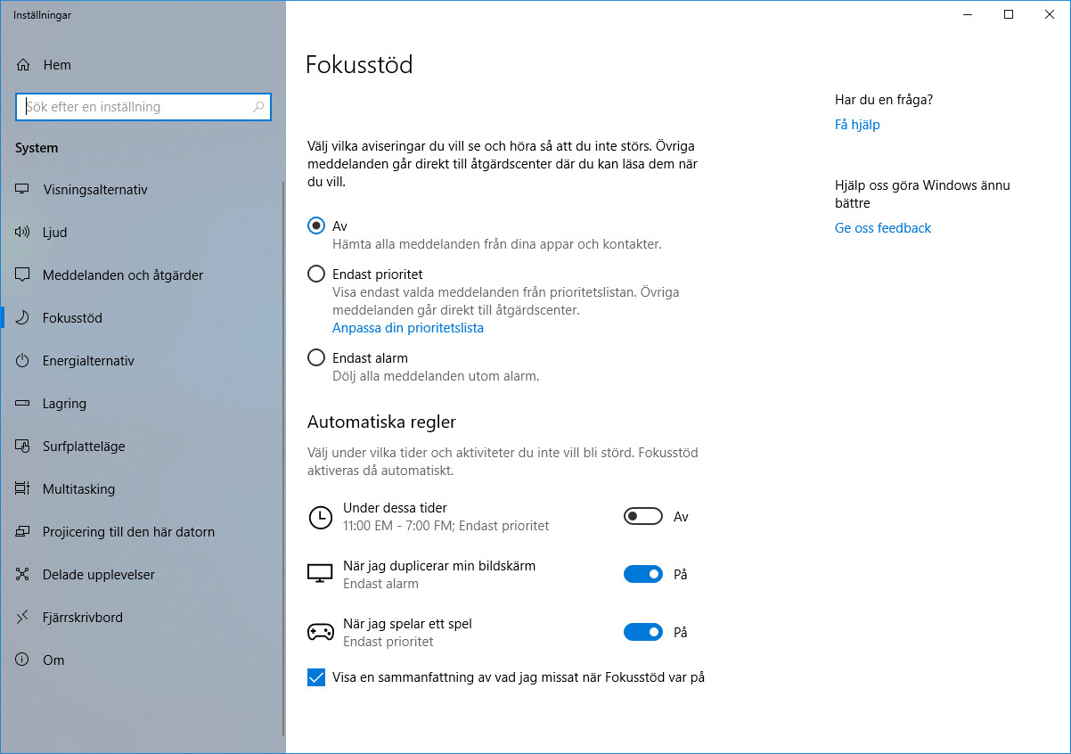 Fokusstöd i Windows 10