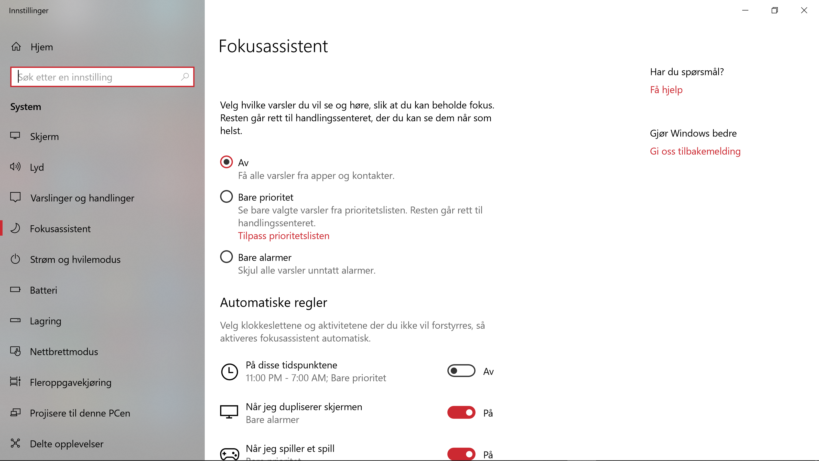 Fokusassistent i Windows 10