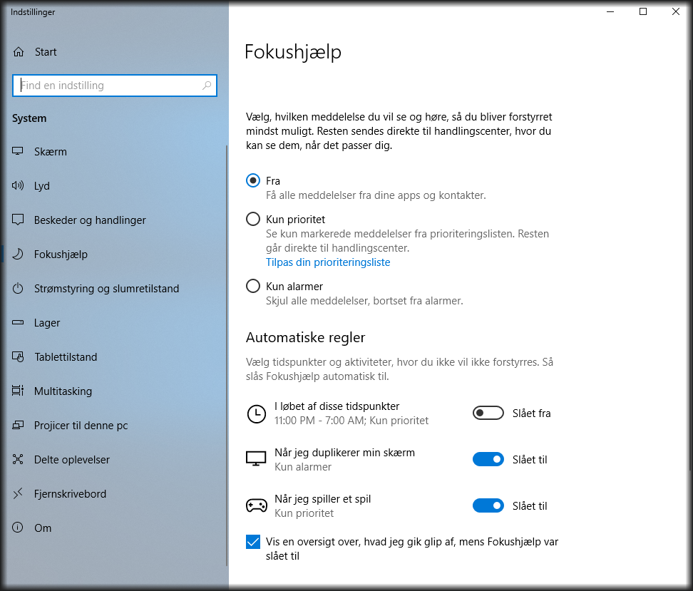 Fokushjælp i Windows 10