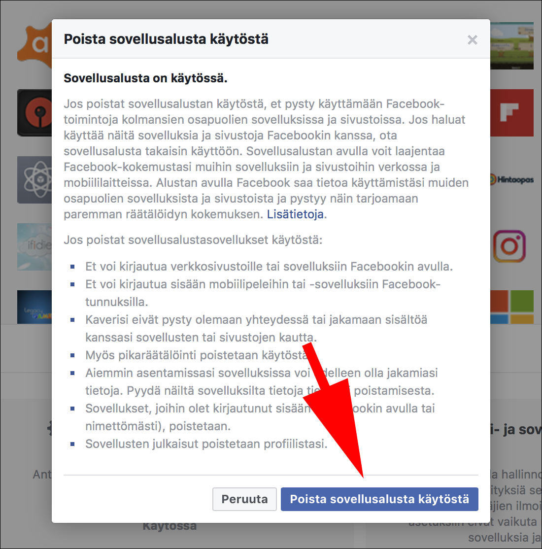 Facebook-sovellusasetukset