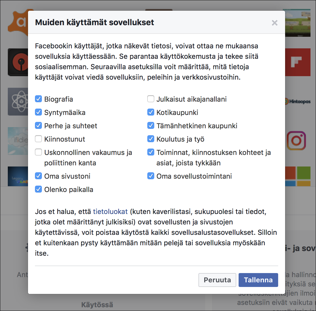 Facebook-sovellusasetukset
