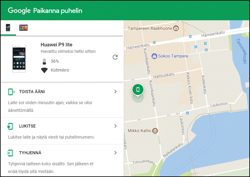 Googlen Paikanna puhelin -palvelun avulla voit jäljittää kadonnutta puhelintasi.