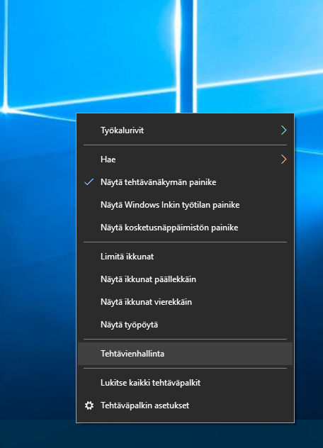 Windows 10:n tehtäväpalkin kohdevalikko ja Tehtävienhallinta