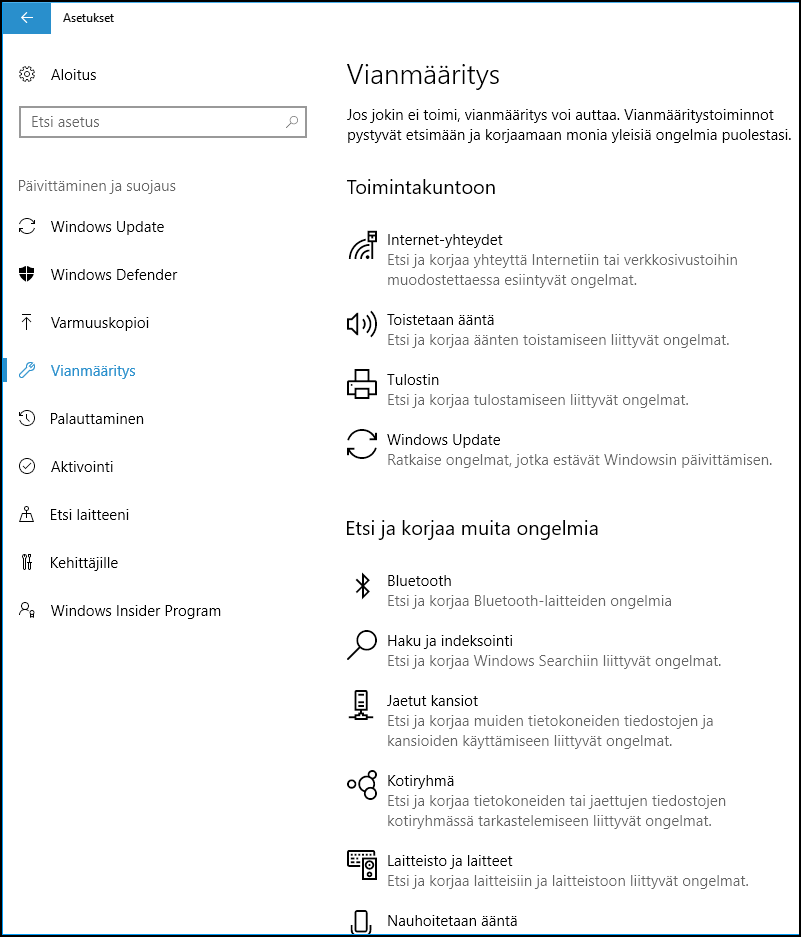 Windows 10 Vianmääritys