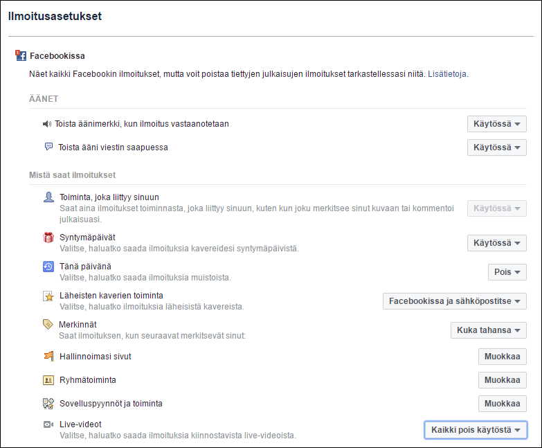Facebookin ilmoitusasetukset