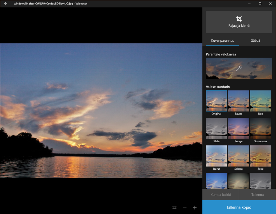 Windows 10 Valokuvat – tehostesuotimia.