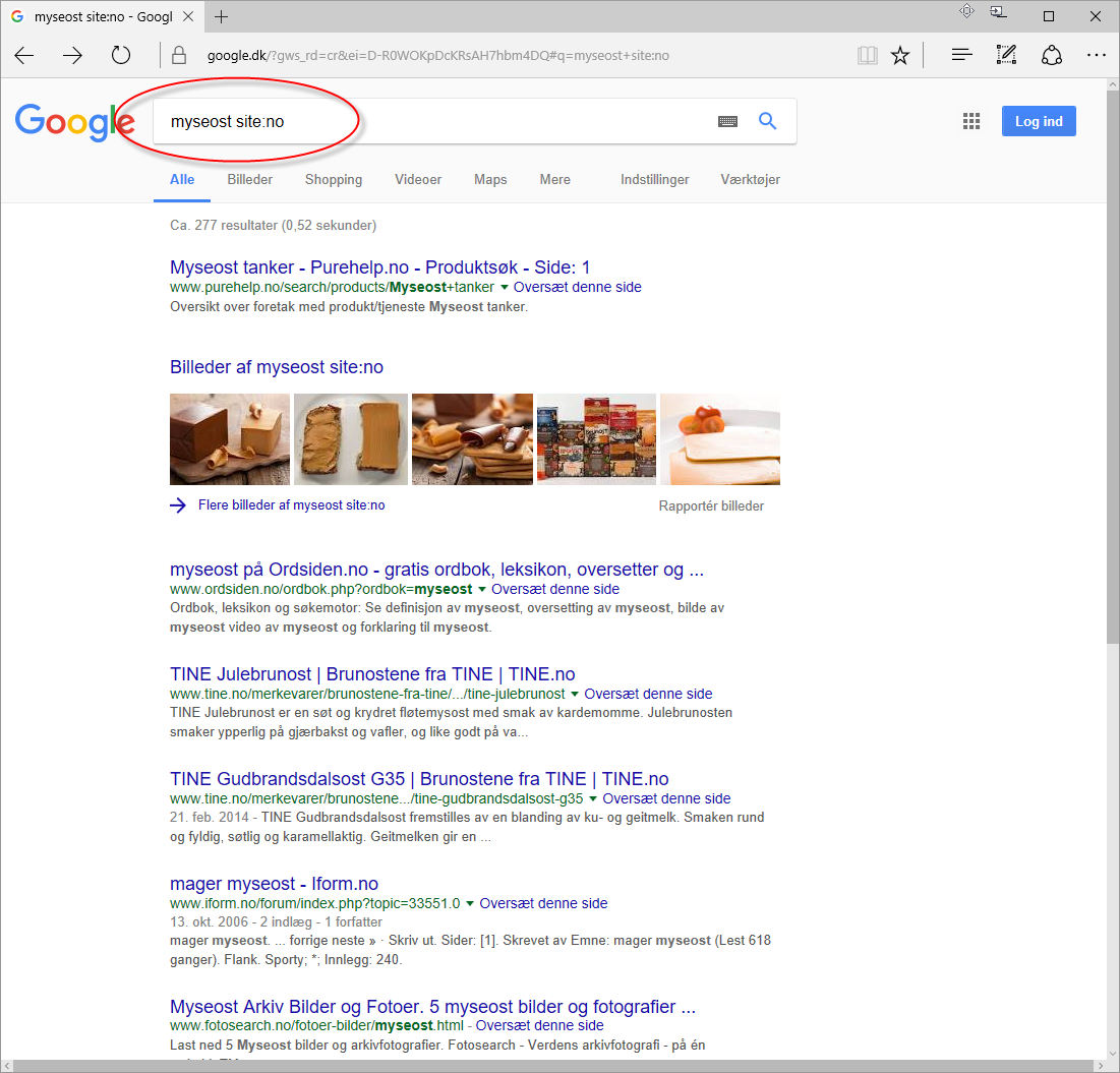Skrive site:no i Google for at få resultater fra Norge.