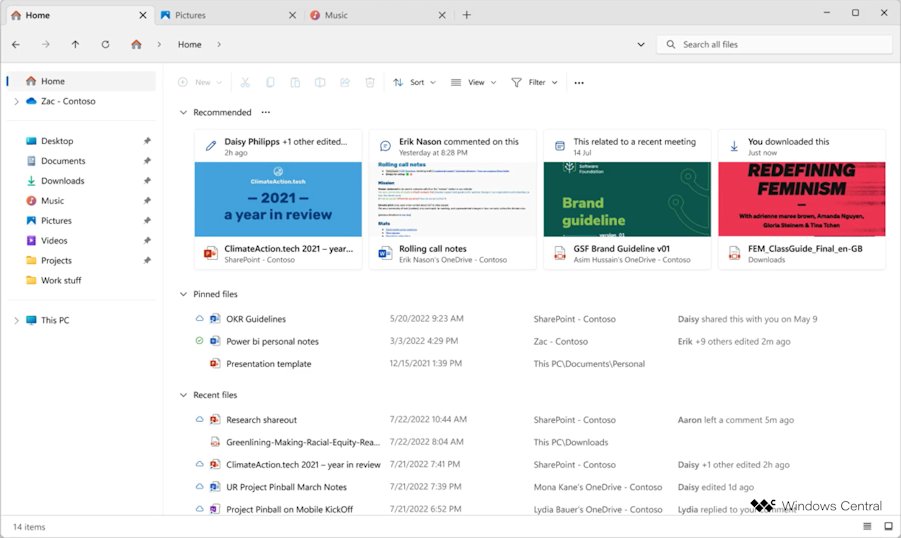 Den nye versjonen av Filutforsker blir synkronisert med Microsoft 365-kontortjenestene og OneDrive.