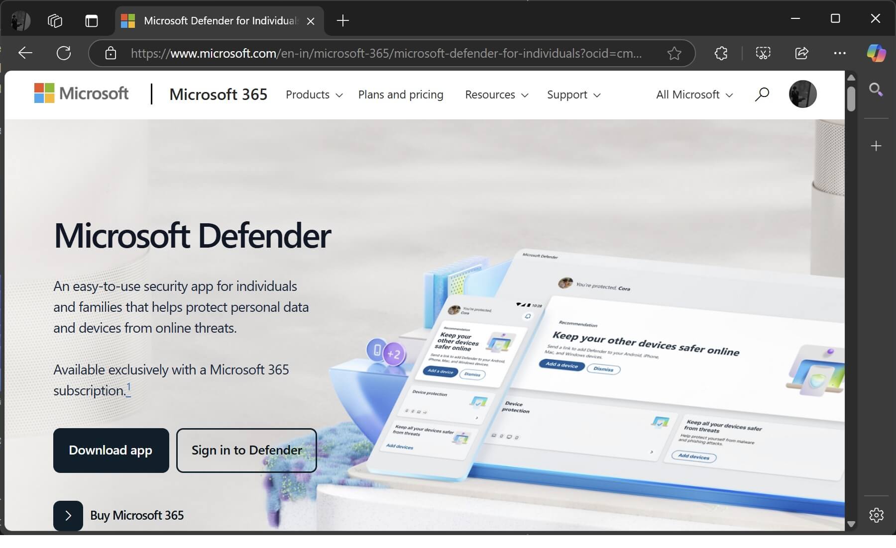 Hvis du klikker på reklamen for Defender-programmet, åbner en hjemmeside, hvor du kan købe kontorpakken Microsoft 365, og derved få adgang til betalingsversionen af Microsoft Defender.
