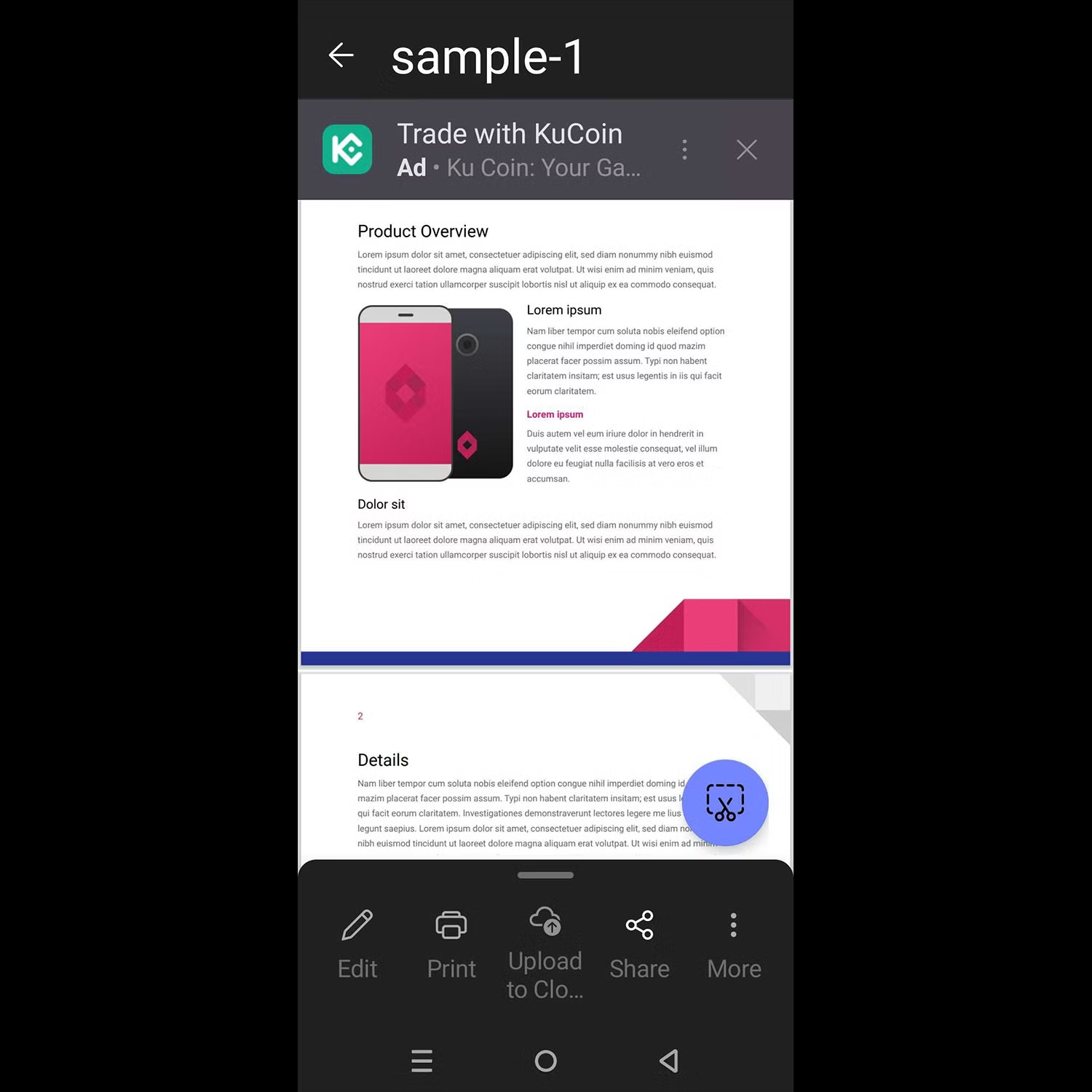I eksemplet her dukkede en tilfældig reklame op midt i PDF'en på skærmen. Annoncen forsøger at sælge adgang til en kryptovalutabørs og er stærkt distraherende.