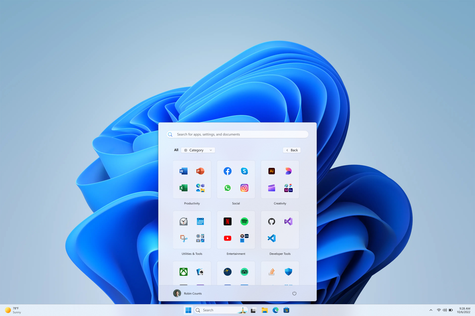 I den redesignede startmenu i Windows kan du blandt andet vælge en kategorivisning,