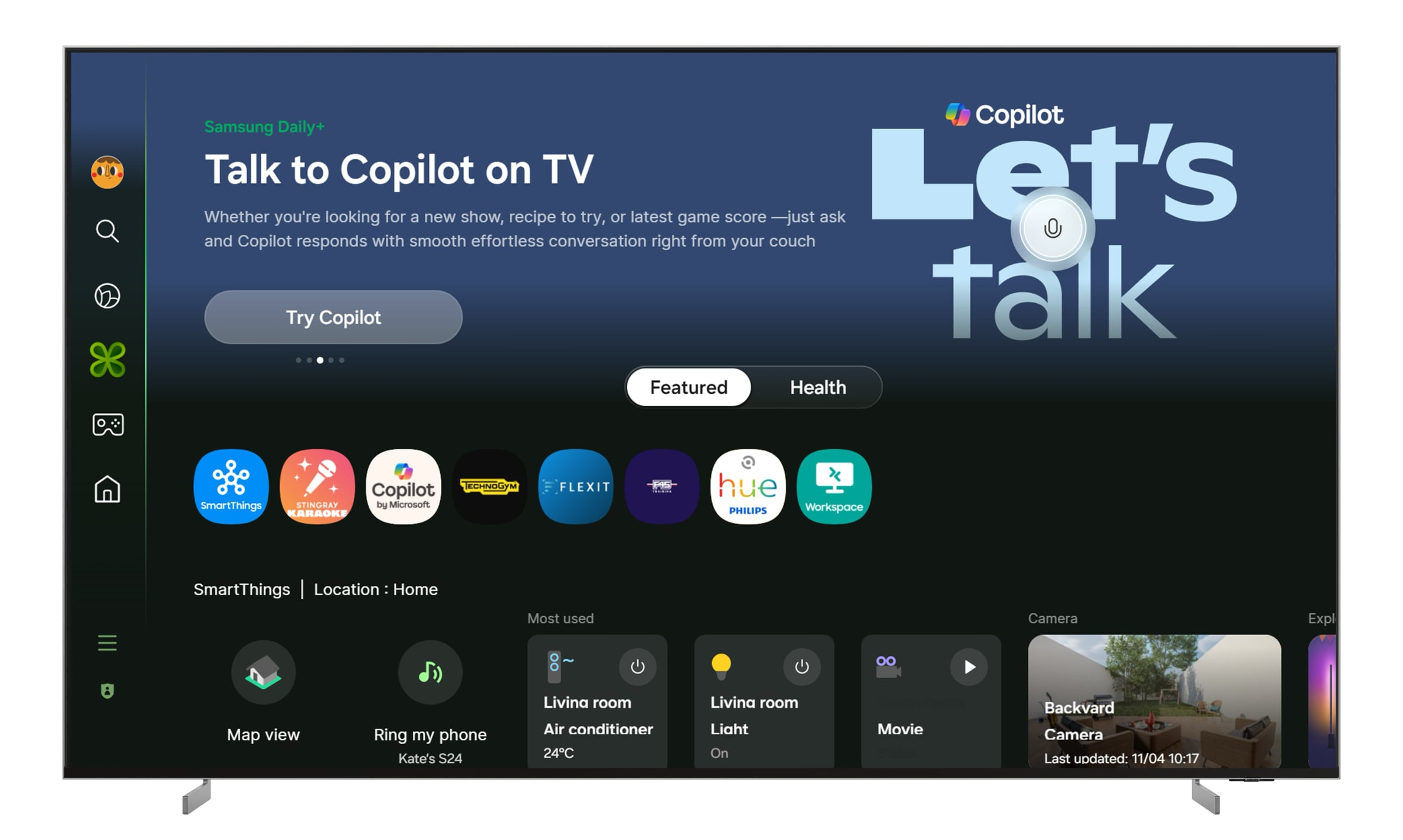 Så här ser det ut på tv-apparater som kan visa Copilot på skärmen. Här kan du använda Microsofts artificiella intelligens med din röst eller genom att skriva för att få hjälp att hitta rätt underhållning.