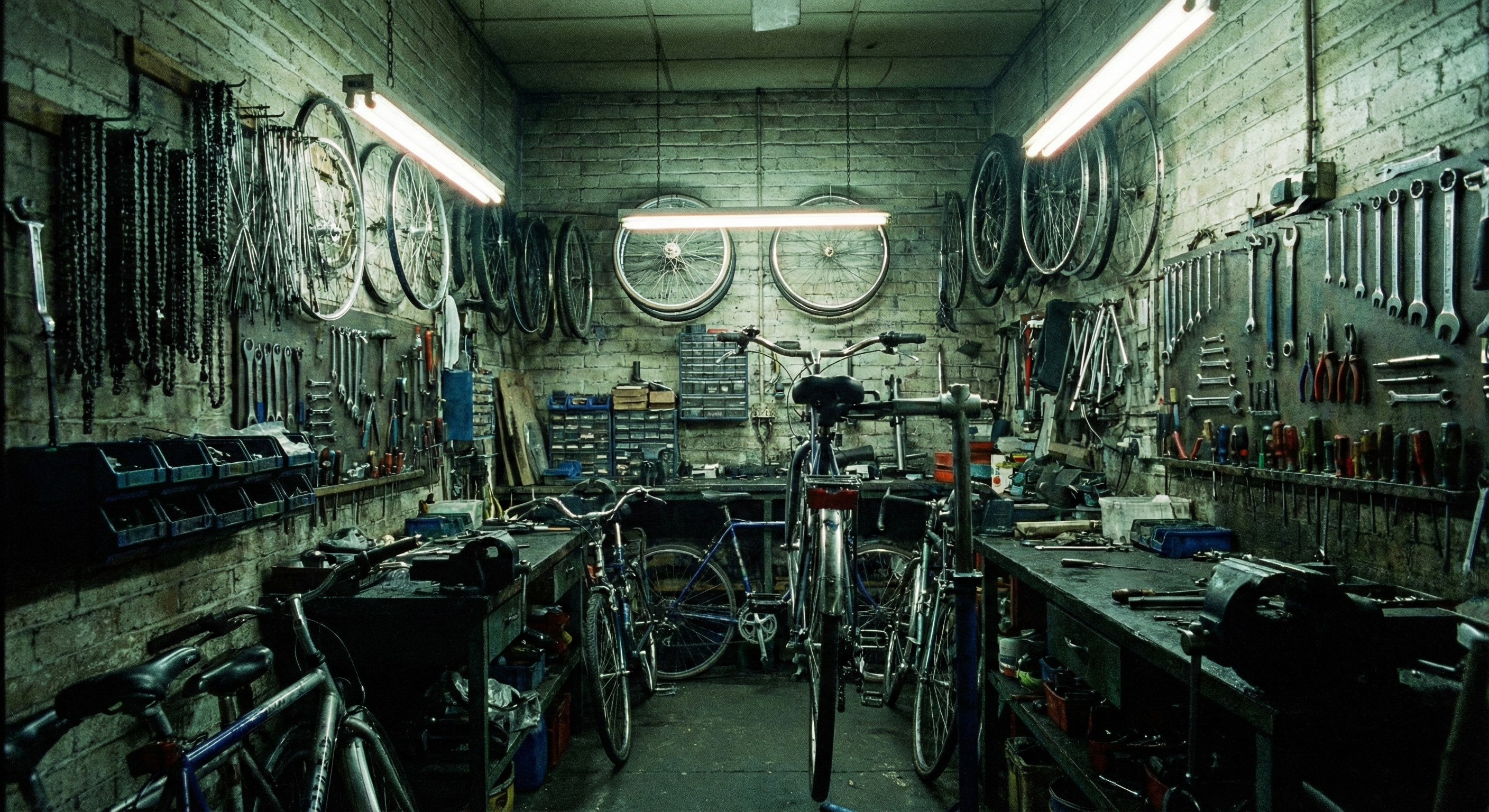 Et mørkt cykelværksted.