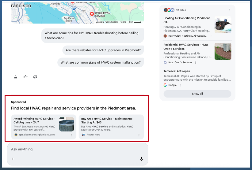 Mainoksia Googlen tekoälytilassa
