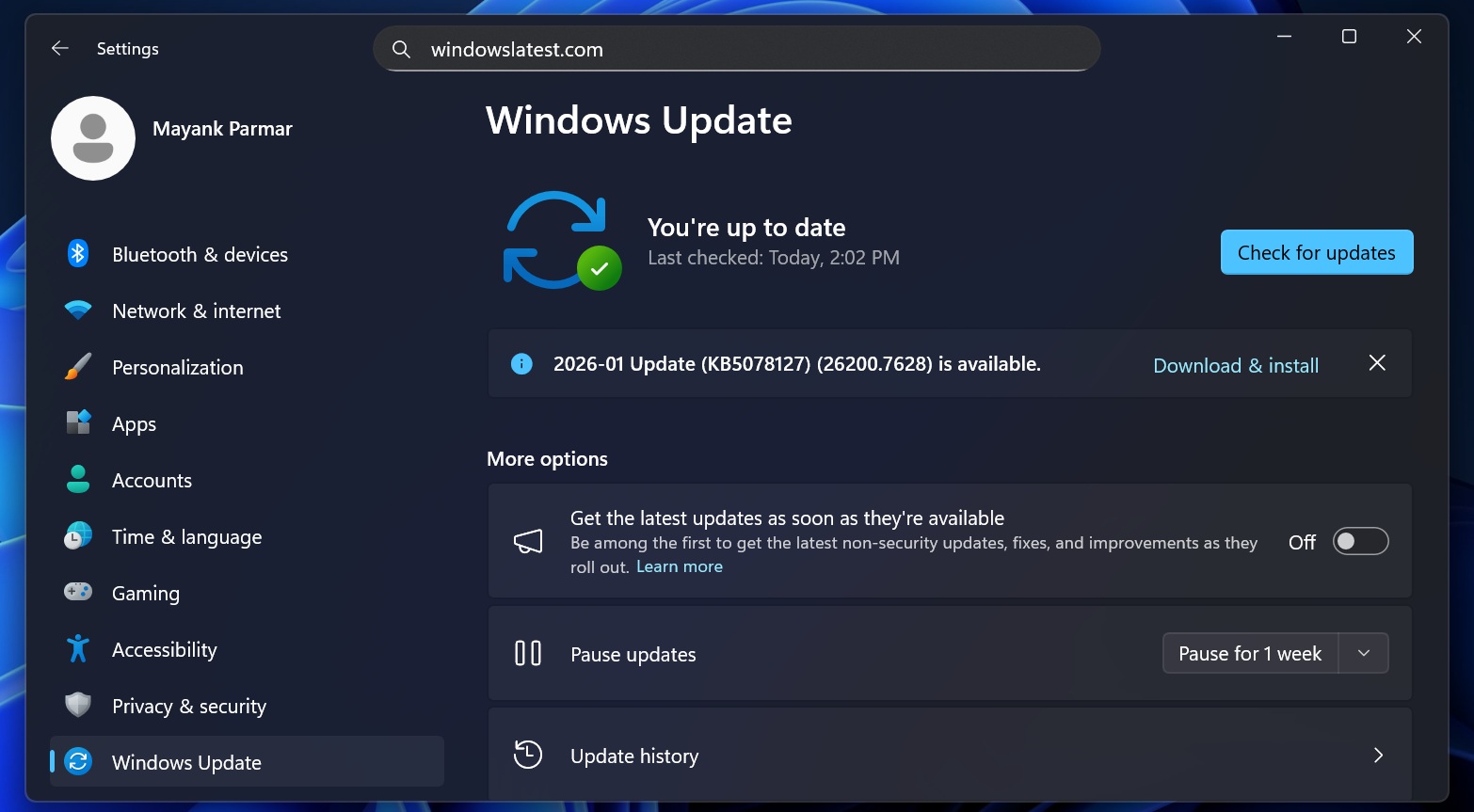 Windows Update on screen