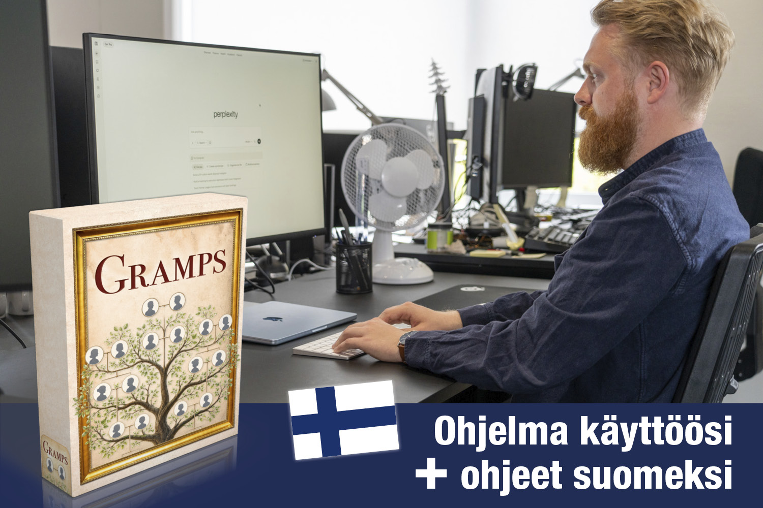 Toimittaja Martin Lorentsen näyttää, kuinka Gramps-ohjelmaa käytetään digitaalisen sukupuun tekemiseen tietokoneella.