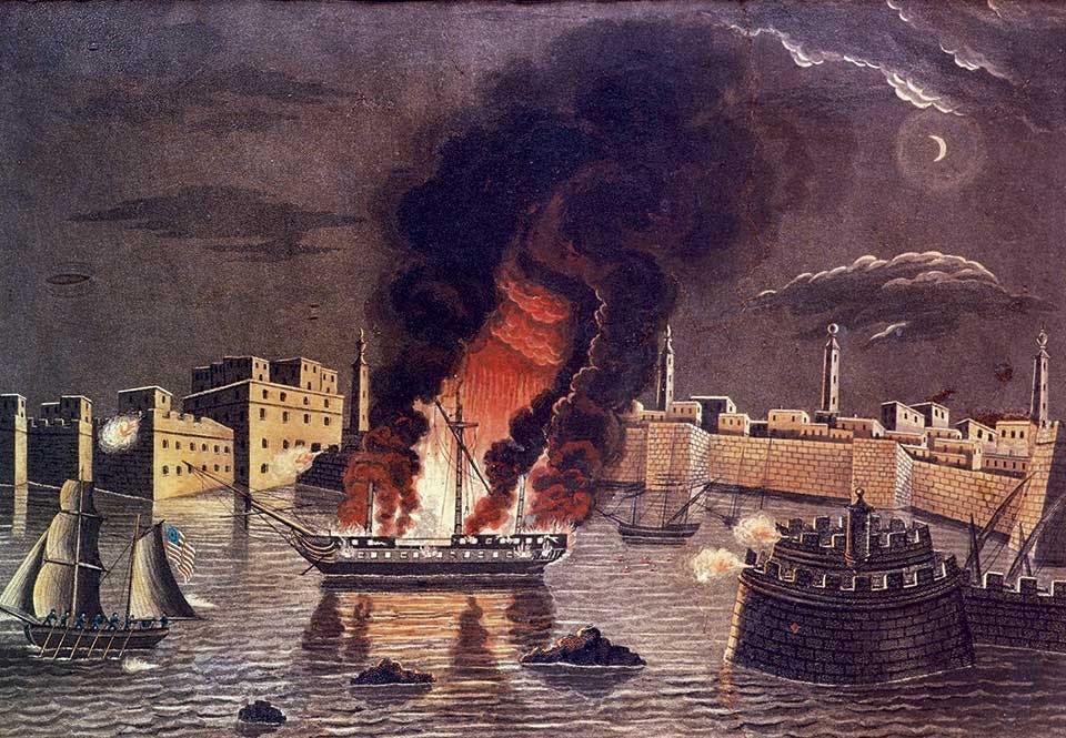 Den amerikanska fregatten Philadelphia, som erövrats av pirater,