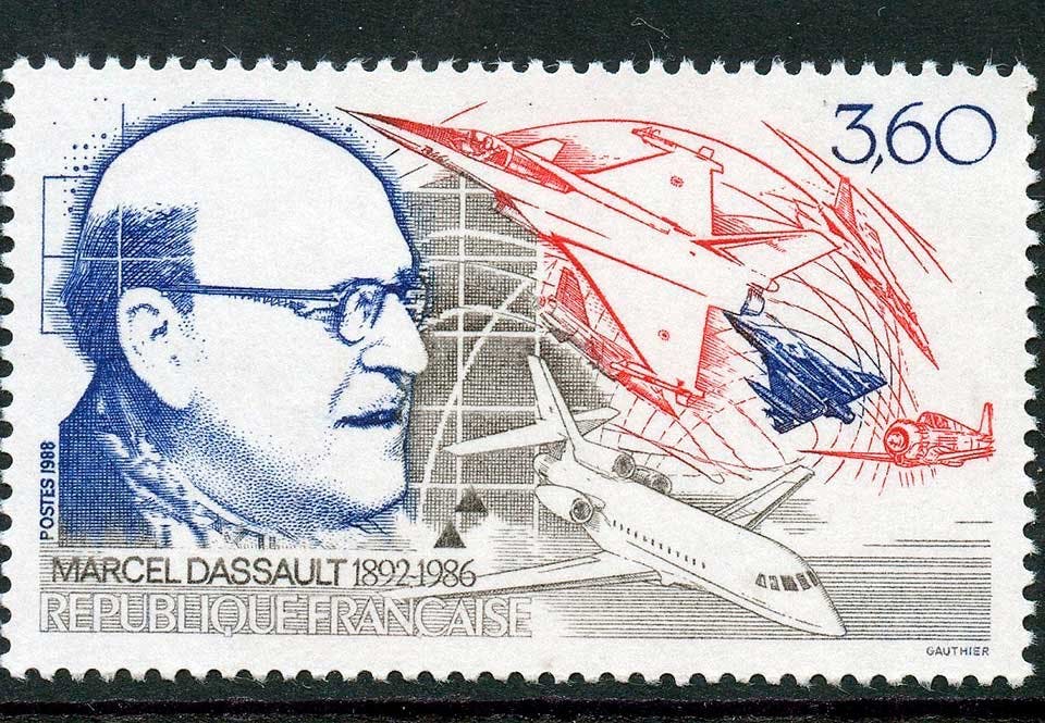 Marcel Dassault porträtterad på franskt frimärke.