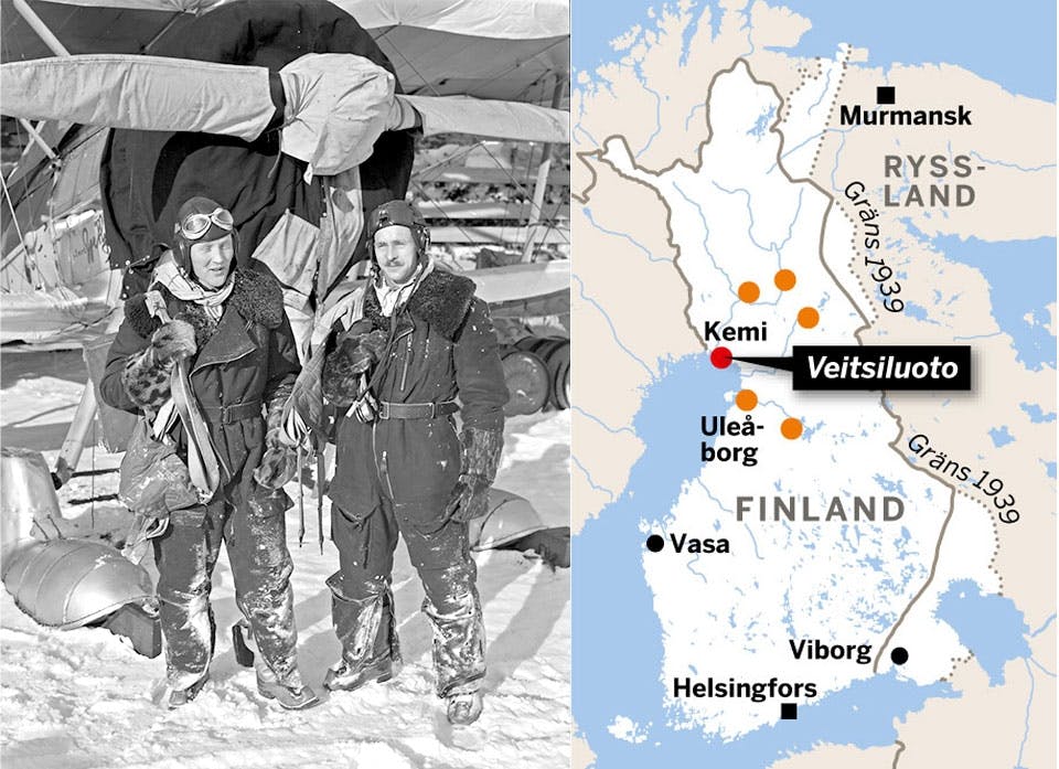 F19, svensk flygflottilj i Finland under andra världskriget. Karta över var flottiljen opererade. 